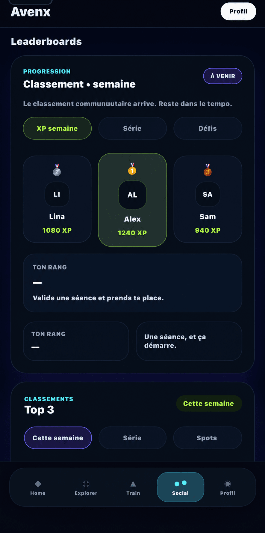 Fil social, défis et classements dans AVENX